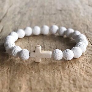 White Lava Rock Stone Cross Beaded Stretch Bracelet Unisex - 8 inches 8mm Beads
